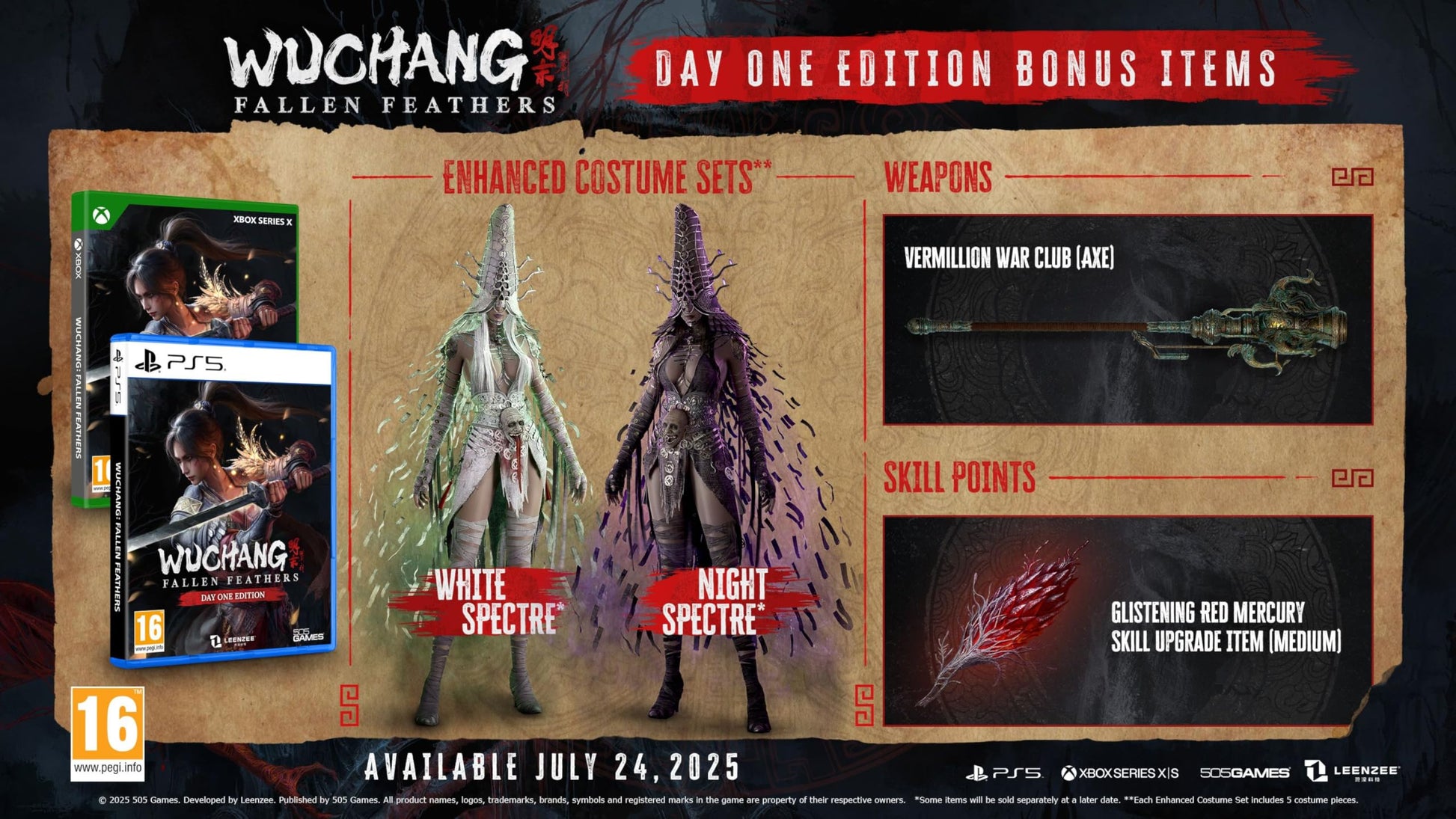 Fallen Feathers Day One Edition for PS5, featuring game cover art with game title and artwork, published by 505 Games.