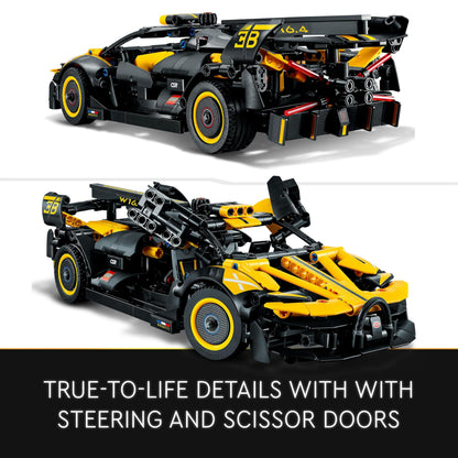 LEGO Technic Bugatti Bolide model set displaying detailed racing car design with intricate engineering features.