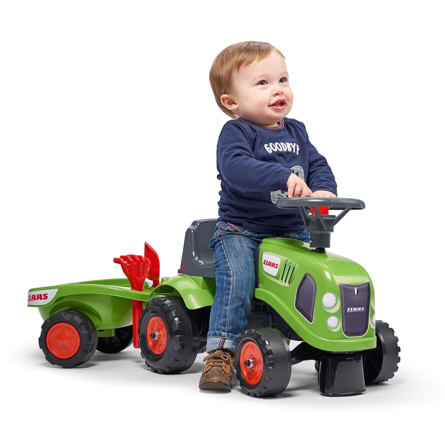 Falk Claas Tractor Ride-On with Trailer, from 12 Months, Made in France, Shovel and Rake Included-2 Styles, Customisable License Plate, 212C, Green