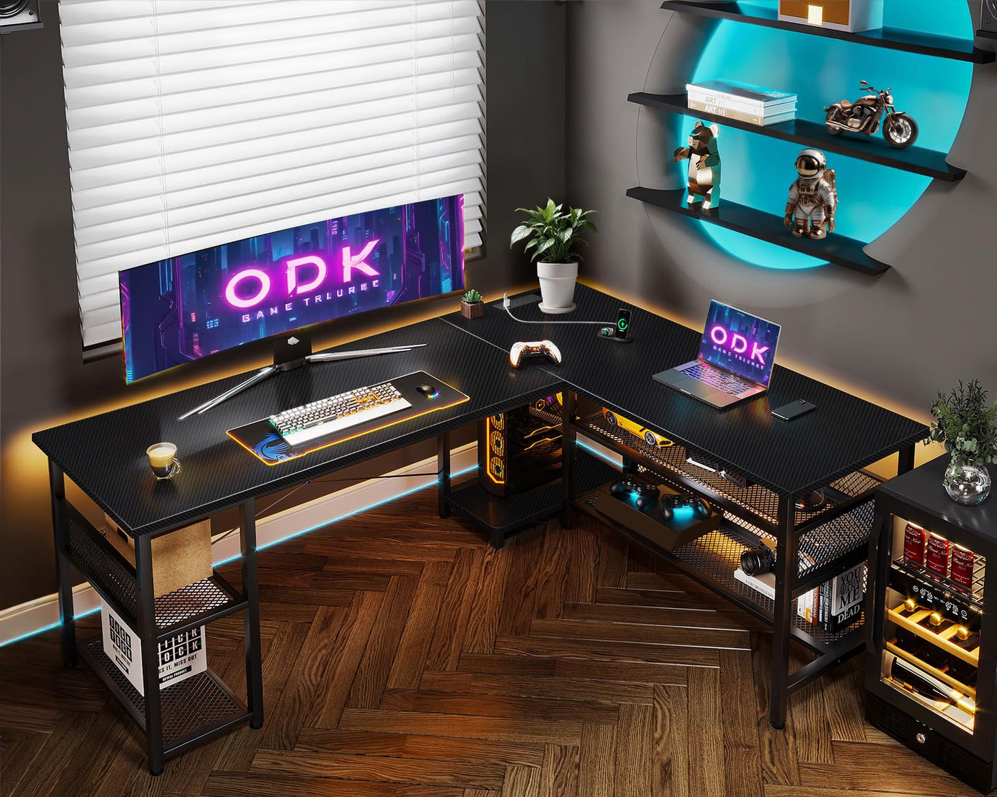 ODK L Shaped Gaming Desk, 168 X 120 cm Reversible Computer Desk with 2 Sockets and 2 USB Charging Ports, Corner Desks with Storage, Gaming Table Carbon Fiber Black