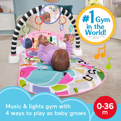 Fisher-Price Baby Activity Mat Glow and Grow Kick & Play Piano Gym with colorful toys, soft pink fabric, and musical piano for infants.