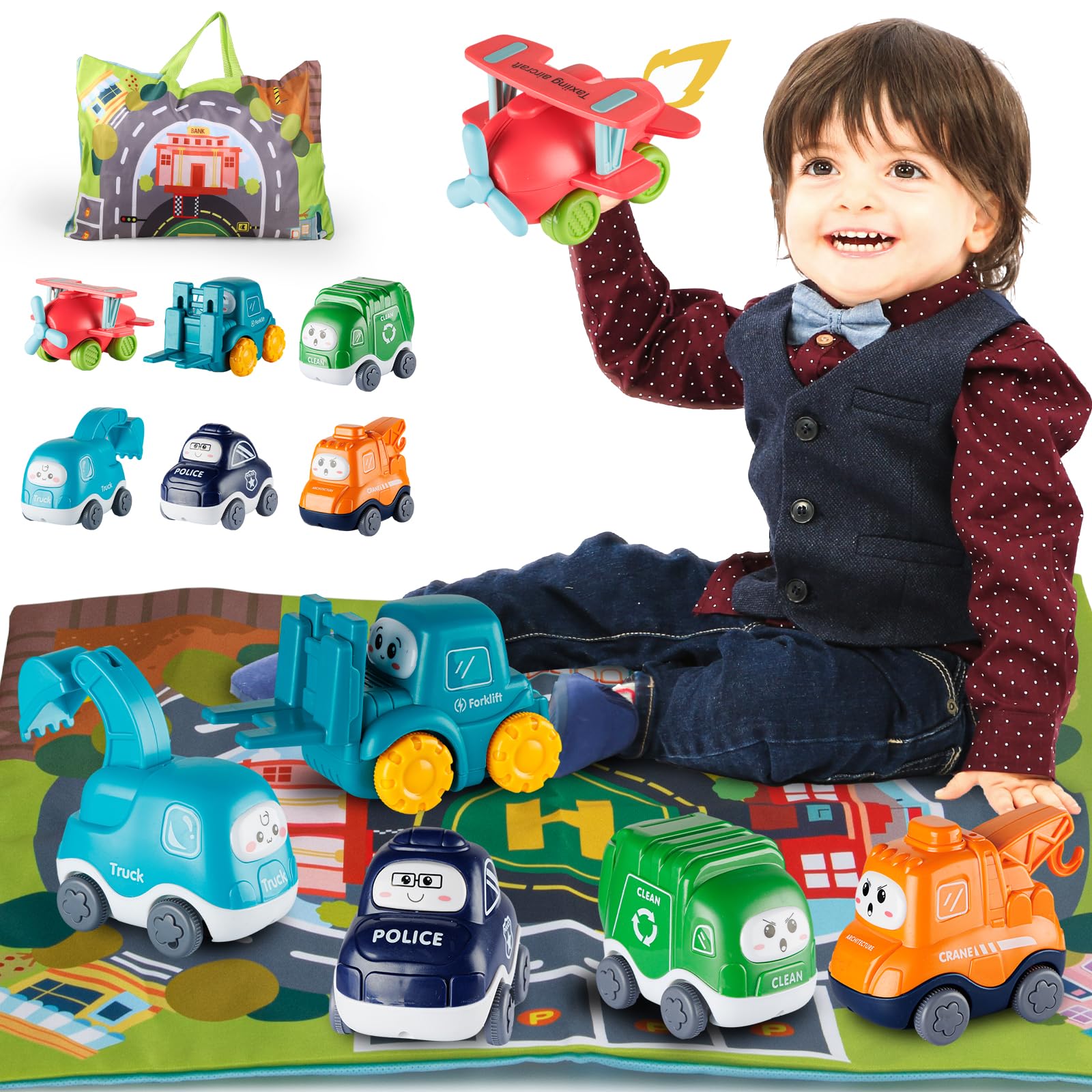 Set of 6 cartoon truck and tractor toys with cranes, stored in a playmat/storage bag, for babies and toddlers ages 1-2.