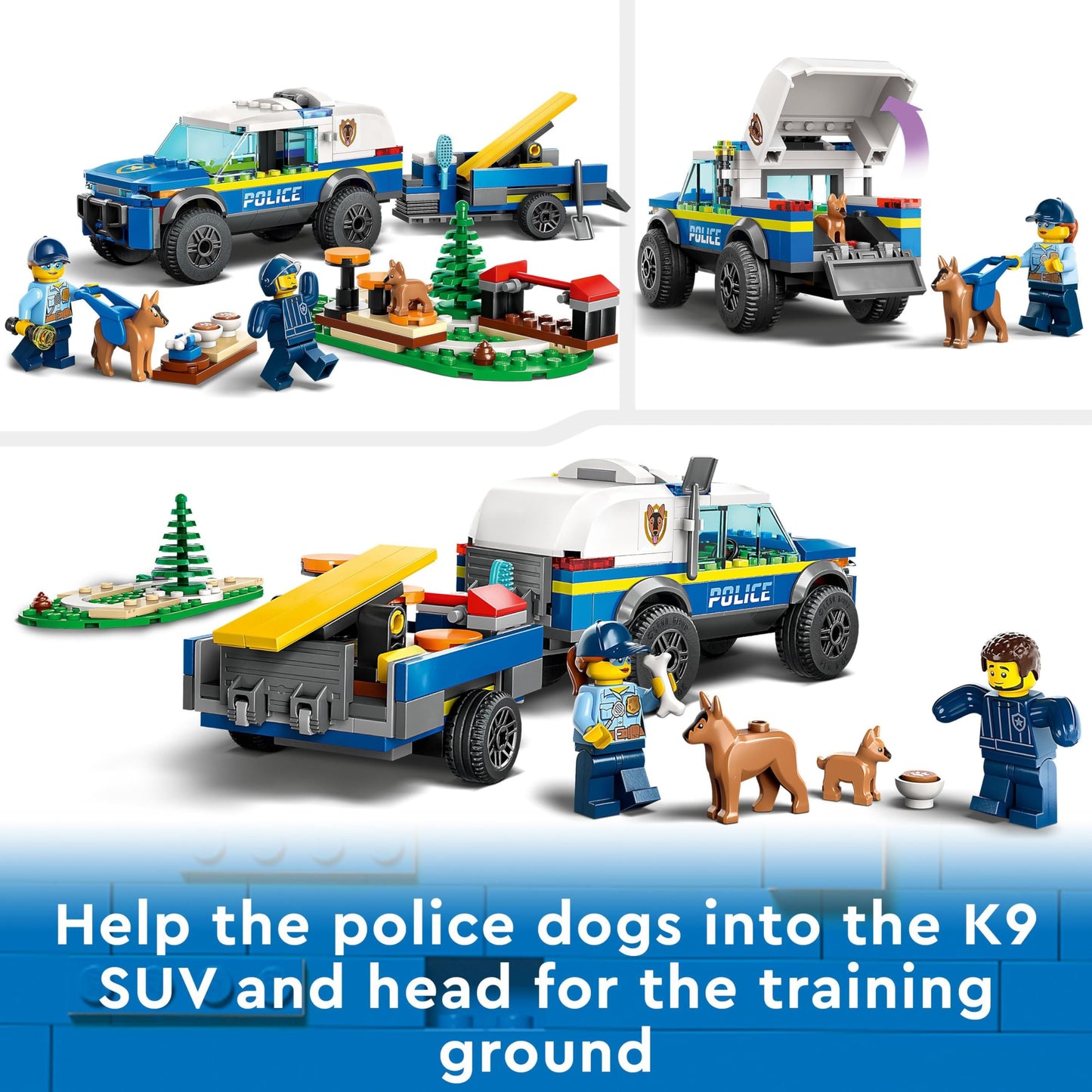 LEGO City Mobile Police Dog Training Set featuring SUV, trailer, obstacle course, and puppy figures for imaginative play.