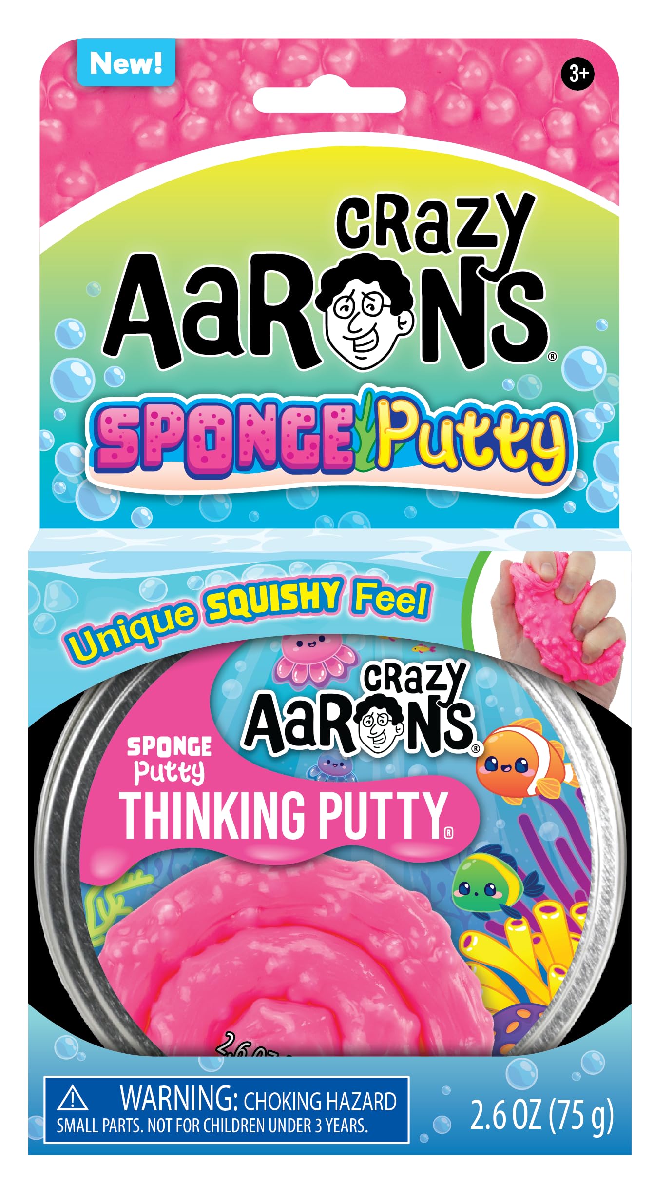 Crazy Aaron's Sponge Putty in pink multi-color, in a 4-inch tin, sensory therapy toy for kids and adults with endless creative fun.