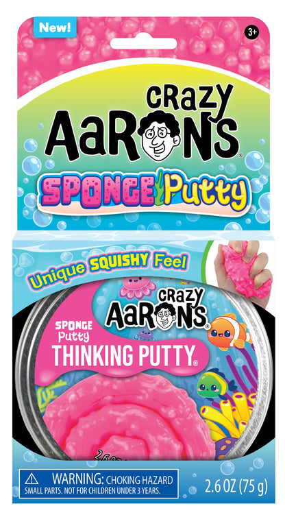 Crazy Aaron's Sponge Putty in pink multi-color, in a 4-inch tin, sensory therapy toy for kids and adults with endless creative fun.