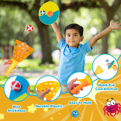 JOY SPOT! Spider Web Target Pop Pass Catch Ball Game - Outdoor Toys for Kids with 4 Launchers, 12 Sticky Balls & Mesh Bag, Fun Indoor Outdoor Toss & Catch Toy Gifts for Boys Girls Ages 3 4 5 6 7 8+