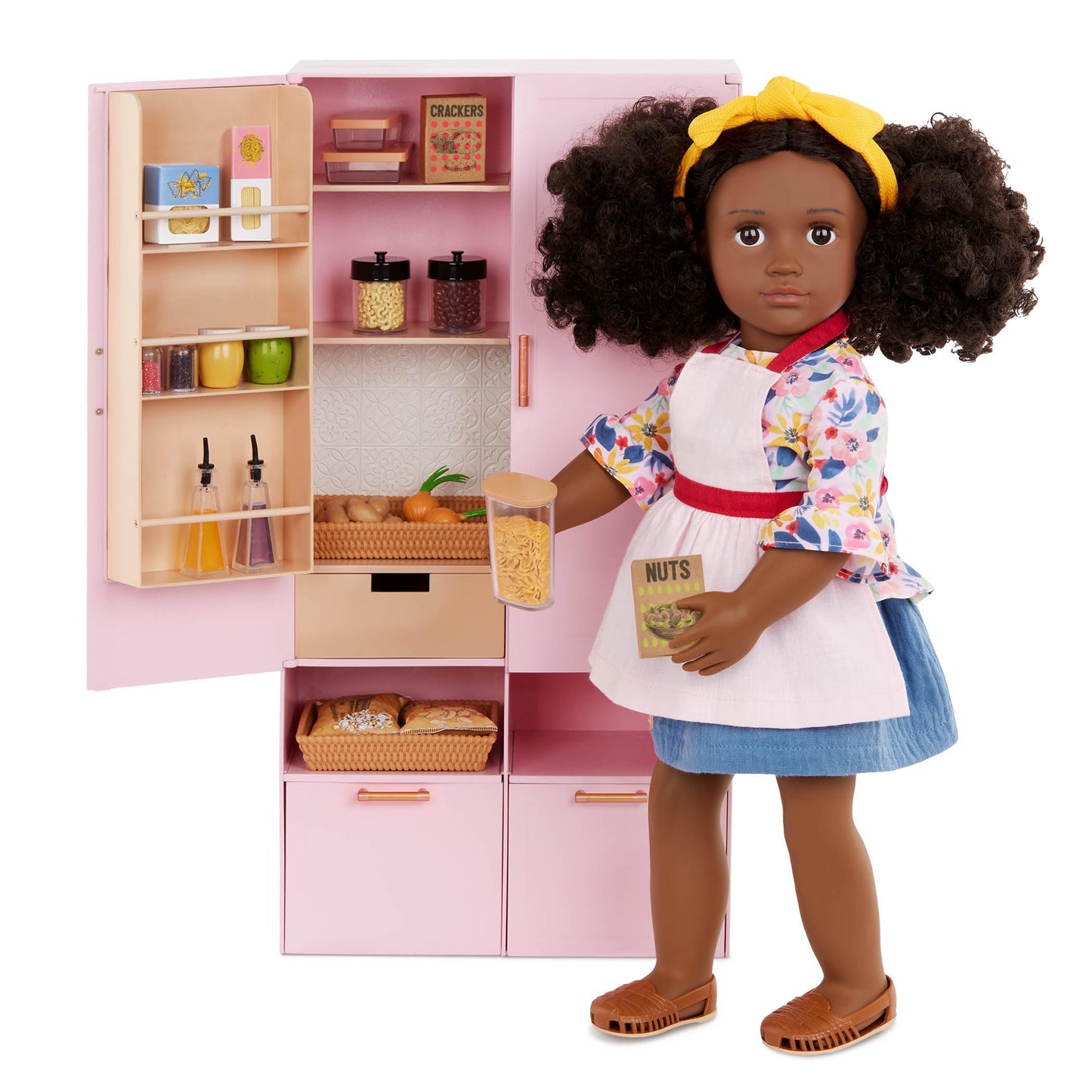 Our Generation pink cupboard pantry set with food accessories for 18-inch dolls in a bright, playful arrangement.