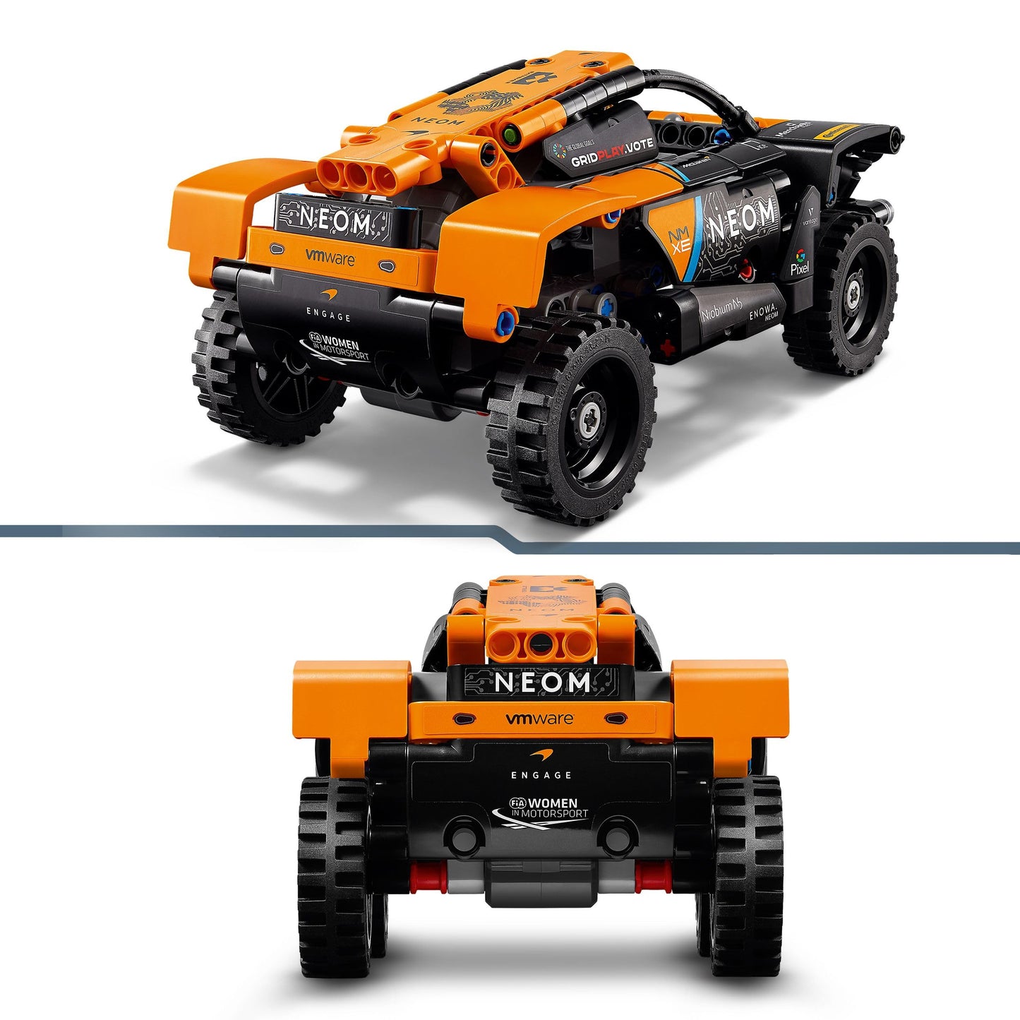 LEGO Technic NEOM McLaren Extreme E Race Car toy set with off-road design, perfect for kids aged 7 and up.