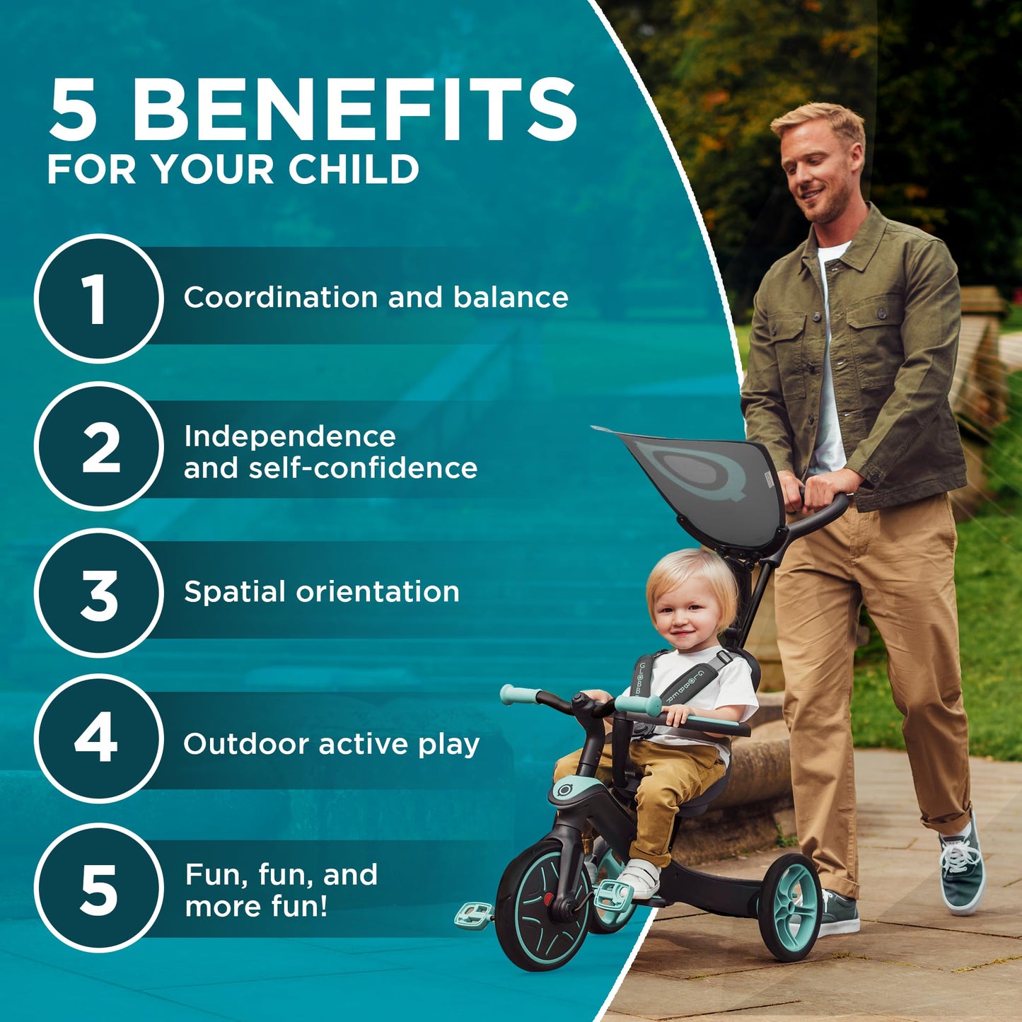 Globber Baby’s Explorer Trike, Premium 4 in 1 Trike System (10mnths-5yrs) with 5 Point Safety Harness, Removable Bar and Adjustable Padded Seat, Sun Canopy, EVA Comfort Wheels, Adaptable Parent Handle
