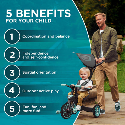 Globber Baby’s Explorer Trike, Premium 4 in 1 Trike System (10mnths-5yrs) with 5 Point Safety Harness, Removable Bar and Adjustable Padded Seat, Sun Canopy, EVA Comfort Wheels, Adaptable Parent Handle