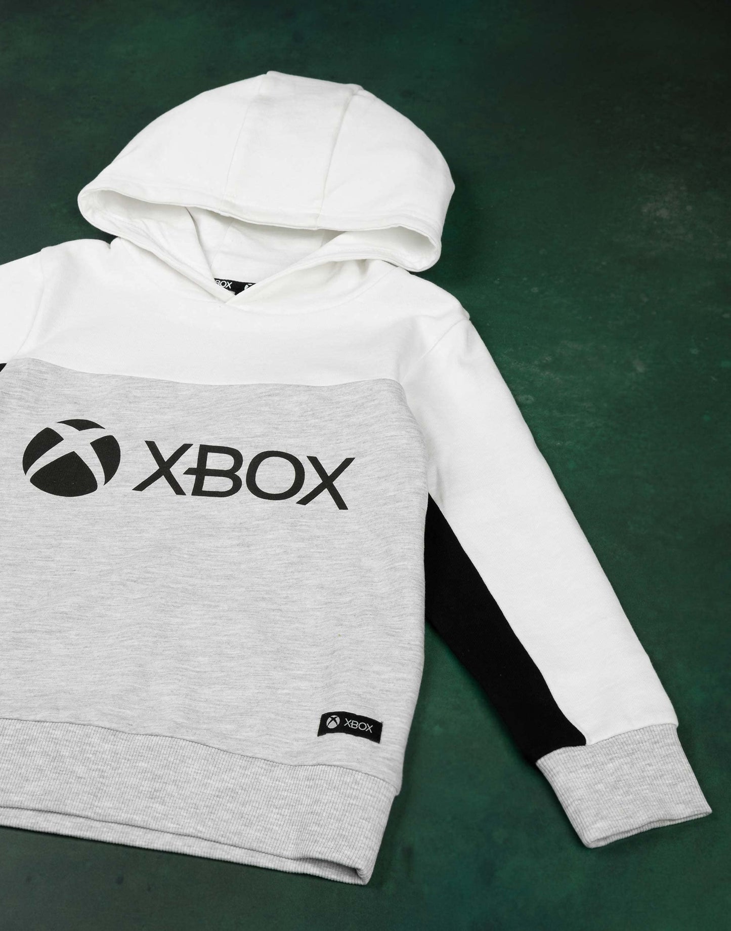 Kids white and grey Xbox hoodie featuring game console logo, hooded sweatshirt for boys and girls aged 14-15 years.