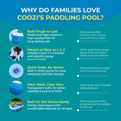 COOZi 2.6M large inflatable paddling pool with rectangular shape, suitable for kids, toddlers, and adults, outdoor summer swimming fun