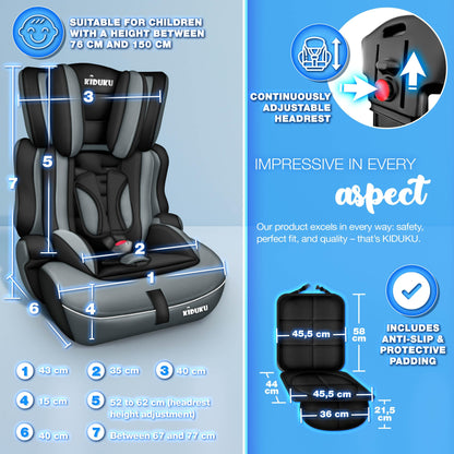 KIDUKU® Safety Car Seat | Booster Seat | 3 in 1 | for Childs and Babys from 9-36 kg (20 lbs - 80 lbs) or 1-12 Years | Convertible, universal | approved to ECE R44/04 | Group 1 + 2 + 3 | black/grey
