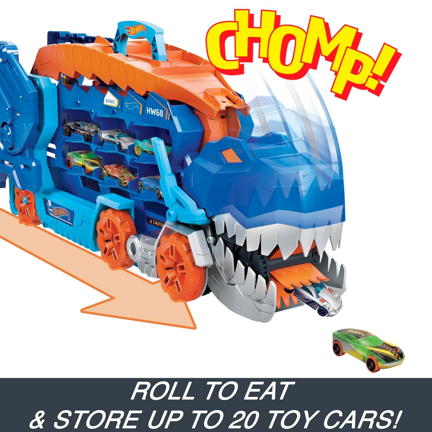 Hot Wheels City Toy Car Track Set, Ultimate T-Rex Transporter, Hauler Transforms into Stomping Dino with Race Track, From Netflix Series “Let’s Race”, HNG50