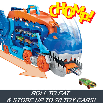 Hot Wheels City Toy Car Track Set, Ultimate T-Rex Transporter, Hauler Transforms into Stomping Dino with Race Track, From Netflix Series “Let’s Race”, HNG50