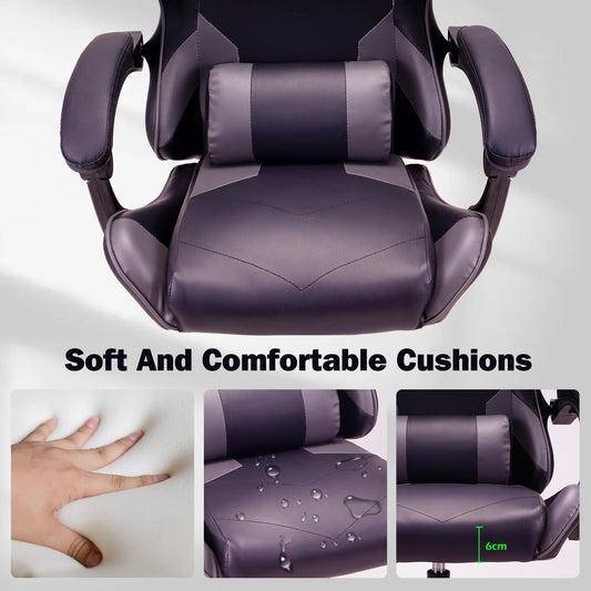 Gray T-THREE ergonomic high-back gaming and office chair with adjustable lumbar and headrest support, swivel design, 150kg capacity