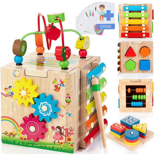 Wooden Activity Cube | 8-in-1 Montessori Toys for 18M+ Toddlers, One Year Old First Birthday Toy, Baby Toy Set with Bonus Sorting & Stacking Board
