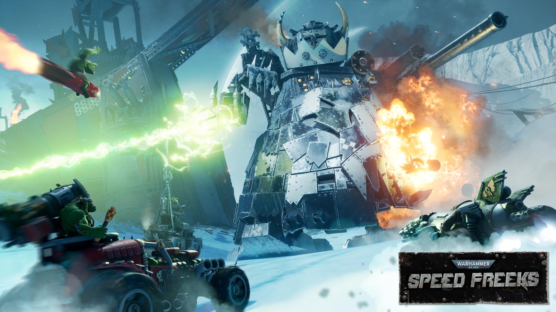 Warhammer 40,000 Speed Freeks PS5 game cover art by Wired Production, featuring futuristic vehicles and intense action scenes.