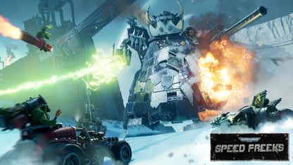 Warhammer 40,000 Speed Freeks PS5 game cover art by Wired Production, featuring futuristic vehicles and intense action scenes.