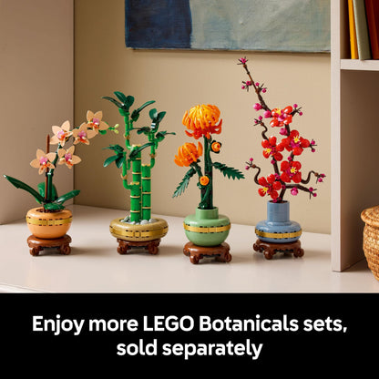 LEGO Botanicals Mini Orchid set with terracotta-style flowerpot, featuring vibrant artificial flowers for home decor.