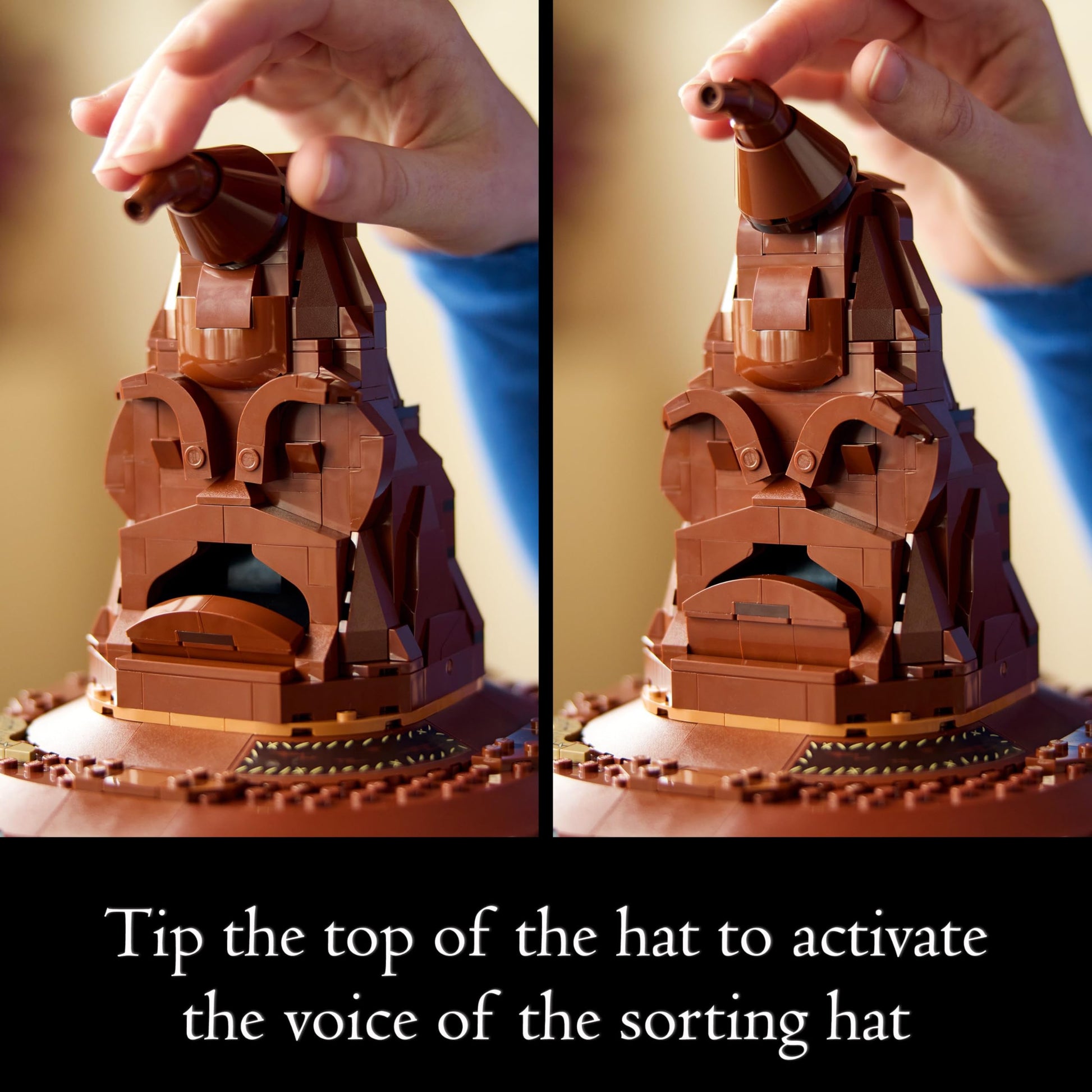 LEGO Harry Potter Talking Sorting Hat set with character minifigure and detailed build featuring 31 sounds, model kit for adults.
