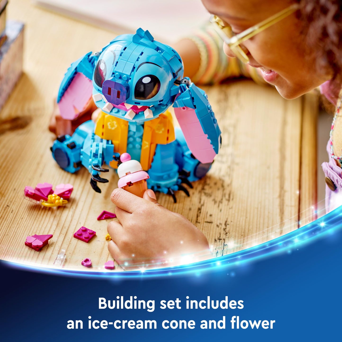 LEGO Disney Stitch toy figure with ice-cream cone and decorative flower, ideal for Lilo & Stitch fans aged 9 and up.