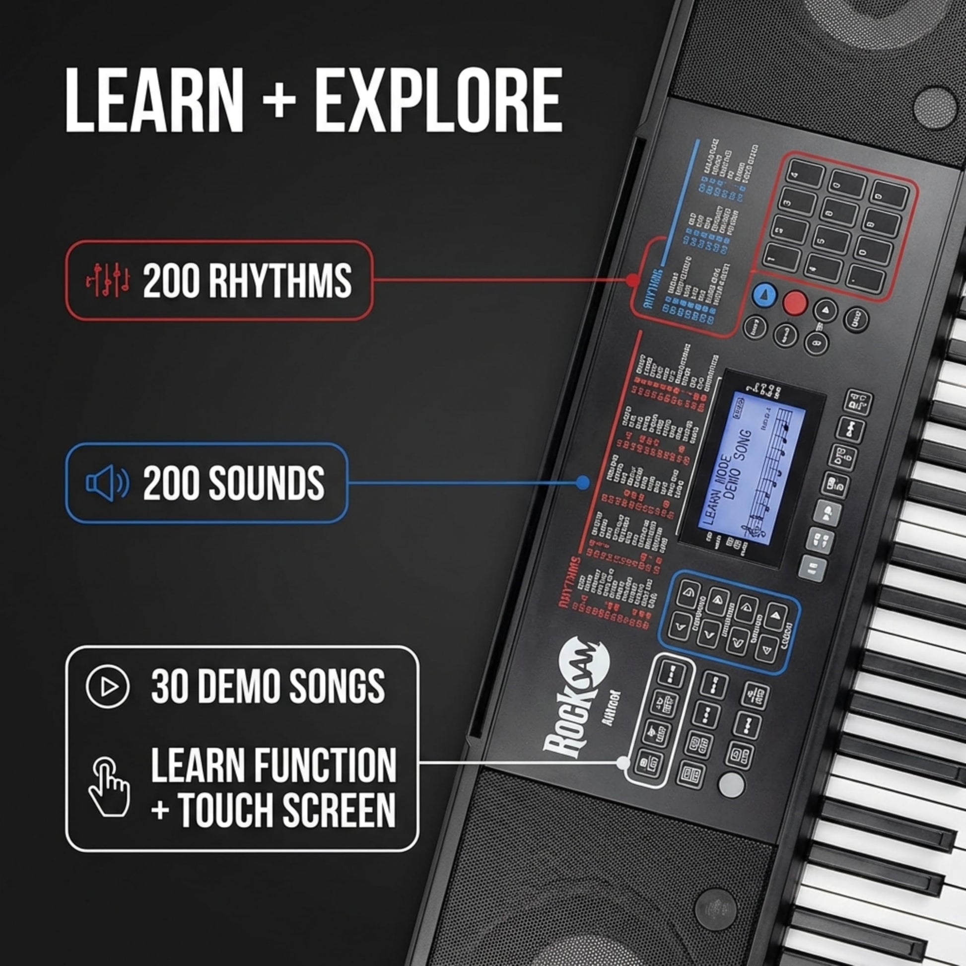RockJam 61-key keyboard piano kit with bench, stool, sustain pedal, headphones, and lessons for beginners.