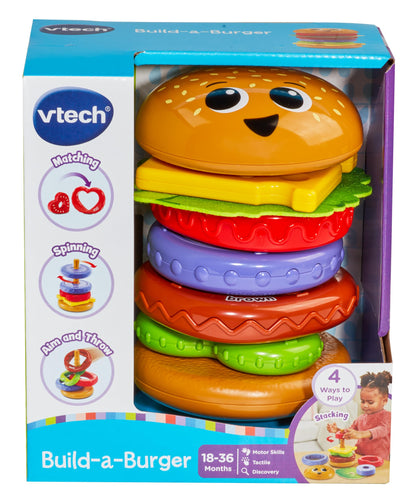 VTech Baby Build-a-Burger, Stacking and Sorting Toy with 6 Food Pieces, Shape Sorting, Stacking Play, Matching, Spinning and Colours, Gift for Babies 18, 24 months +, English Version