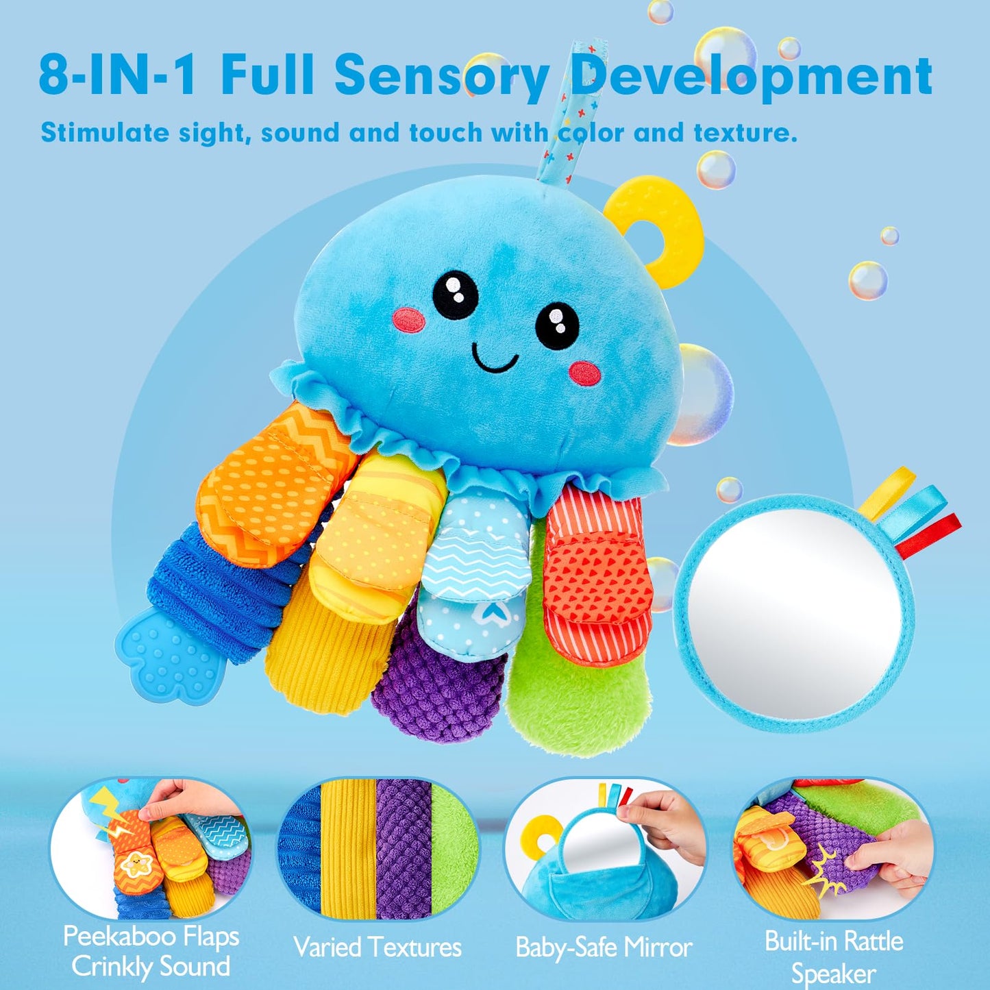 hahaland 8-in-1 Tummy Time Sensory Toy - 3+ Months Baby Rattle, Mirror & Teether Plush Toy - 0-12M Newborn Gift for Boys & Girls, Washable Soft Fabric, Octopus Montessori Toy