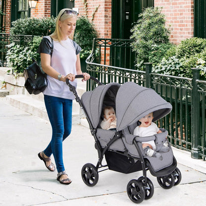 Foldable Twin Stroller, Double Baby Pushchair w/Multi-Level Backrest, Canopy, Handle & Footrest, Safety Belt & Brake System, Travel Tandem Seating Stroller w/Lockable Wheels (Gray)
