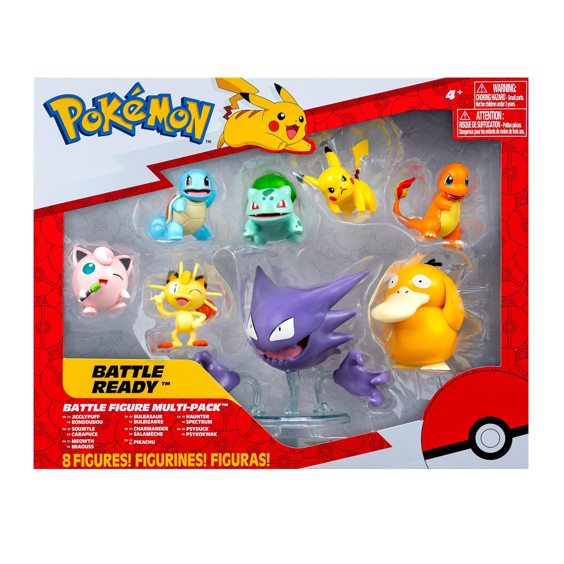 Pokémon Battle Figure 8 Pack featuring six 2-inch and two 3-inch figures, including Pikachu in action poses.