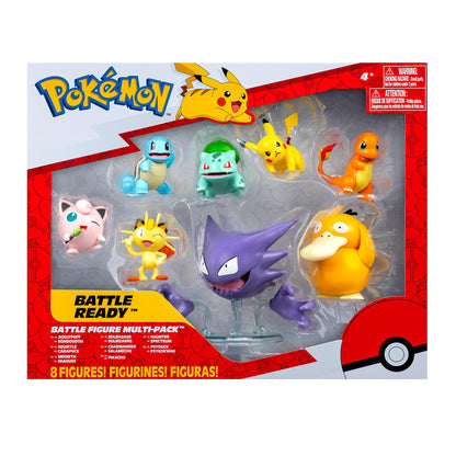 Pokémon Battle Figure 8 Pack featuring six 2-inch and two 3-inch figures, including Pikachu in action poses.