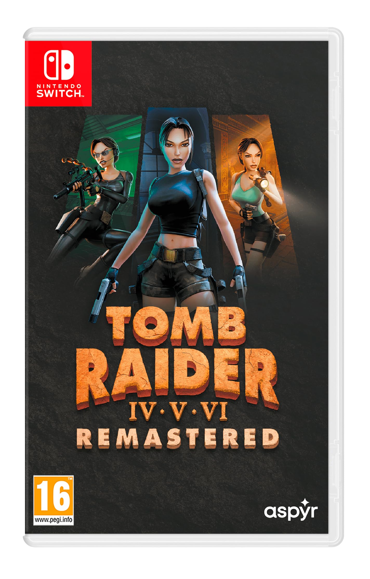 Remastered Tomb Raider IV-VI game for Switch featuring Lara Croft in action, with detailed game cover art by Aspyr