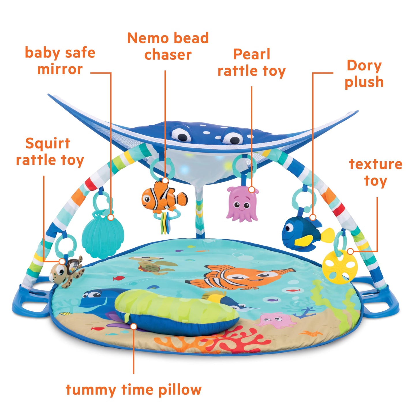 Bright Starts, Disney Baby, Finding Nemo Ocean Lights Baby Activity Gym and Play Mat with Detachable Toys, Sound and Music, Ages Newborn +