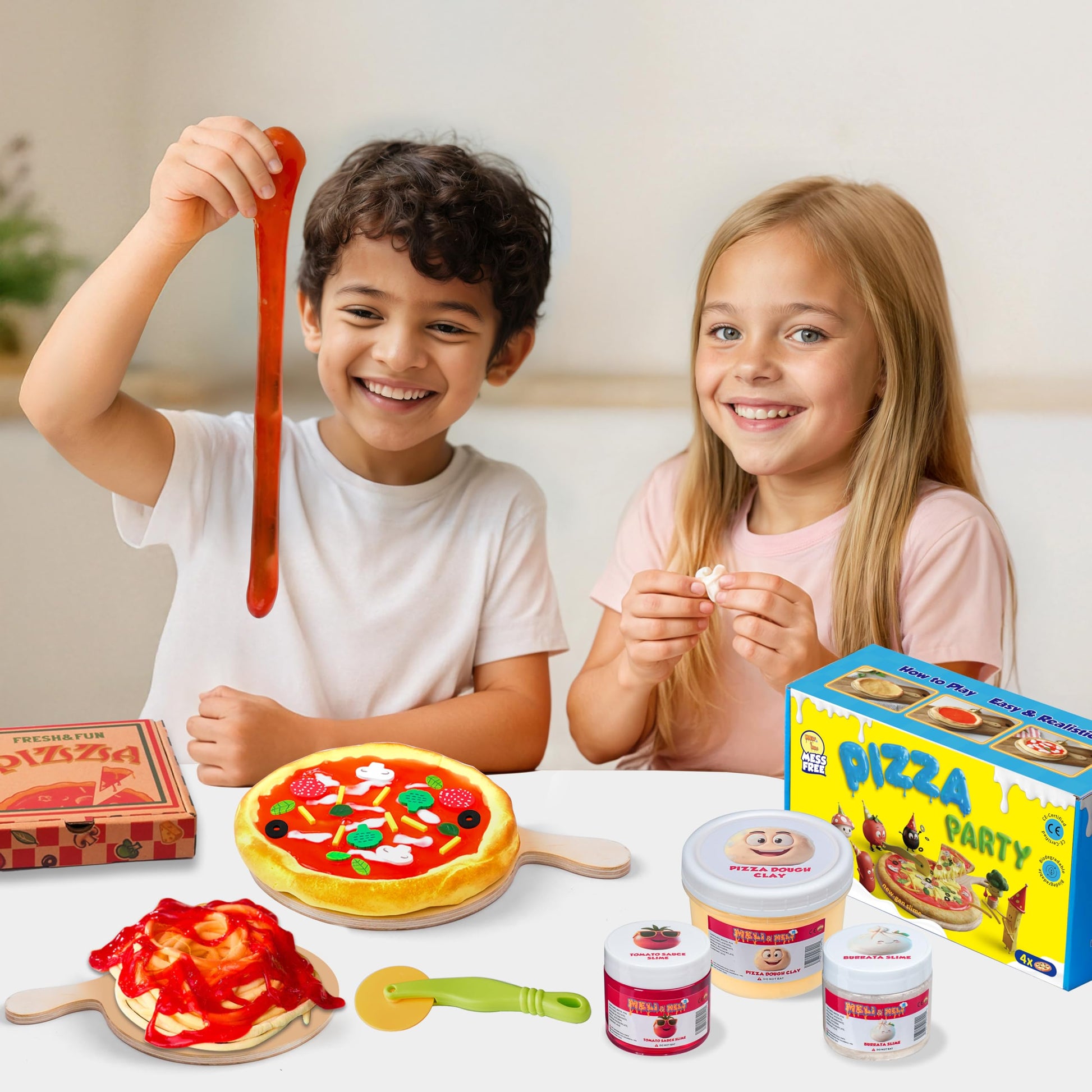 Meli&Melo slime making kit for kids, featuring non-sticky slime, air dry clay, and pizza-themed arts and crafts for children ages 4-12.