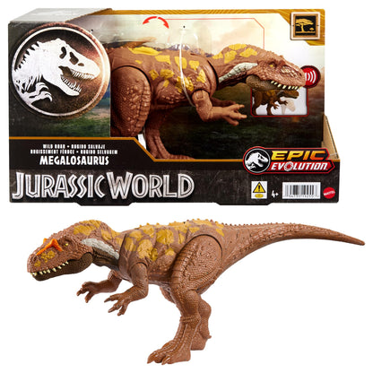 Mattel Jurassic World Wild Roar Megalosaurus Dinosaur Figure with Continuing Roar Sound & Attack Action, Posable Physical Toy & Digital Play, HTK73