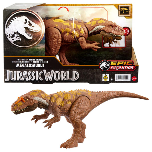 Mattel Jurassic World Wild Roar Megalosaurus Dinosaur Figure with Continuing Roar Sound & Attack Action, Posable Physical Toy & Digital Play, HTK73