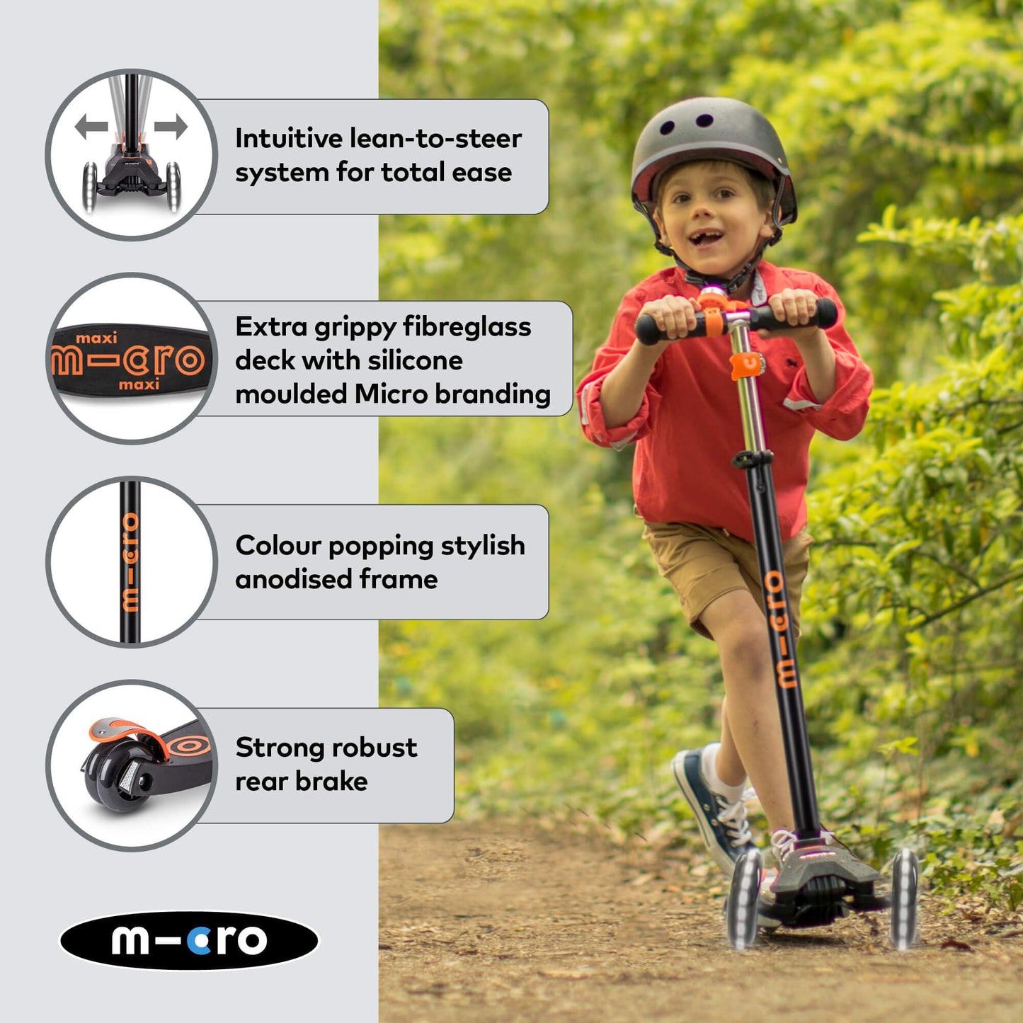 Micro Scooters | Maxi Micro LED Deluxe Children's Scooter | Big Wheels | Handlebar Adjustable | 5-12yrs | Boys & Girls | Black