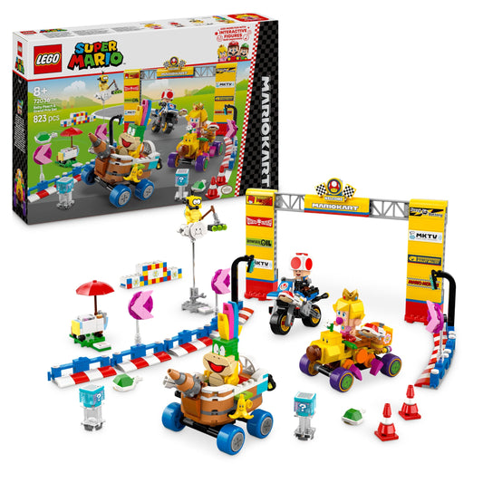 LEGO Super Mario Baby Peach & Grand Prix building toy set with Mario Kart characters, vehicles, and figures for kids and gamers.