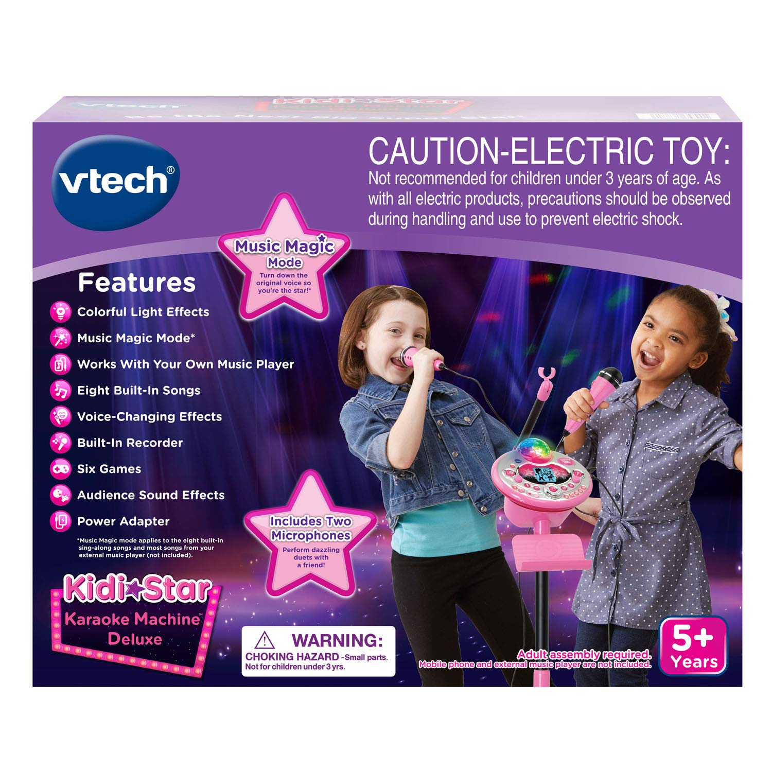 Pink VTech Kidi Star Karaoke System with two microphones, mic stand, and AC adapter, ideal for kids' singing fun.