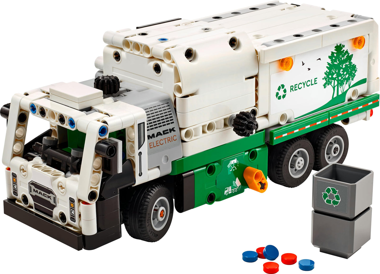 LEGO Technic Mack LR Electric Garbage Truck toy with realistic features and recycling bin, suitable for ages 8 and up.