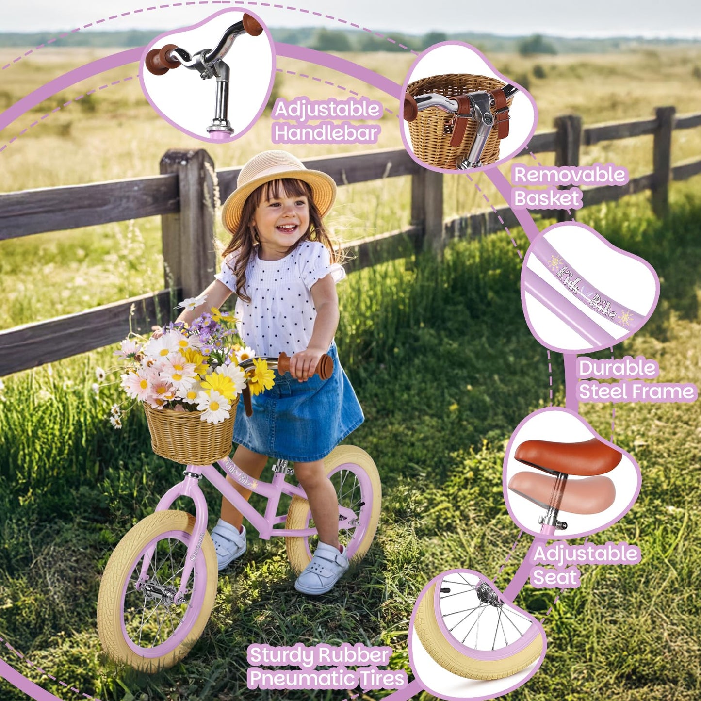 Light purple 14-inch Hello-5ive balance bike for kids with adjustable height, removable basket, carbon steel frame, and rubber tires.