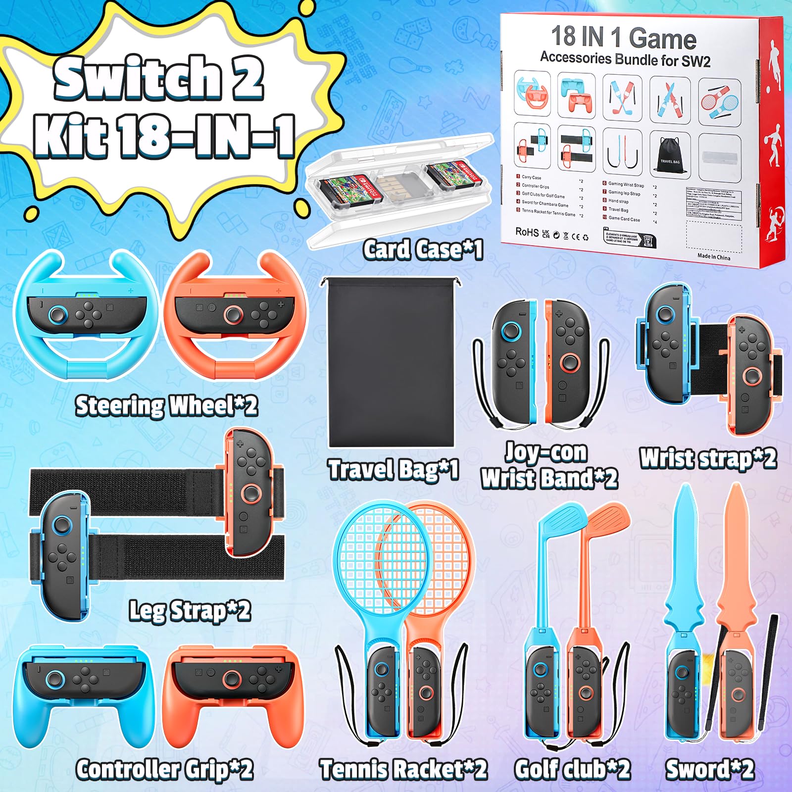 BRHE 18-in-1 Switch sports accessories bundle for Nintendo Switch 2, includes game controllers and party game gear for kids and adults