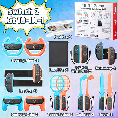 BRHE 18-in-1 Switch sports accessories bundle for Nintendo Switch 2, includes game controllers and party game gear for kids and adults