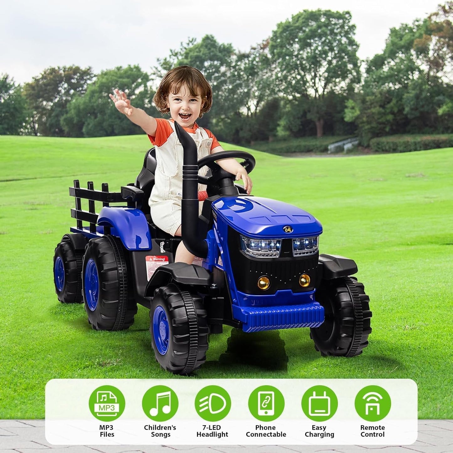 Kids Ride on Tractor with Detachable Trailer, 12V Battery Powered Electric Tractor with Remote Control, Dual Motors, Horn, Music/USB, 7 LED Lights, Ride on Toy Car for Ages 3+ (Blue)