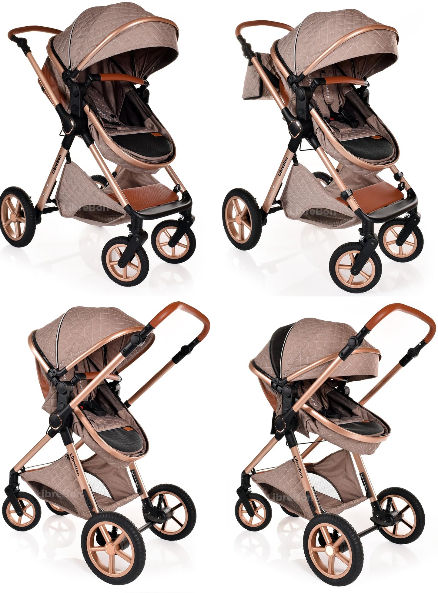 Boneelook 3-in-1 baby buggy pram and stroller with beige fabric and rose gold aluminum frame, lightweight and foldable for newborns and toddlers