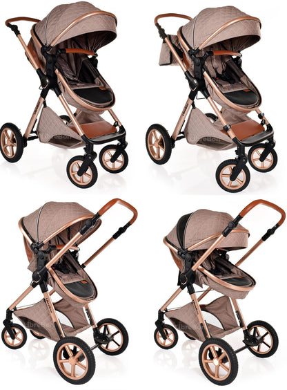 Boneelook 3-in-1 baby buggy pram and stroller with beige fabric and rose gold aluminum frame, lightweight and foldable for newborns and toddlers
