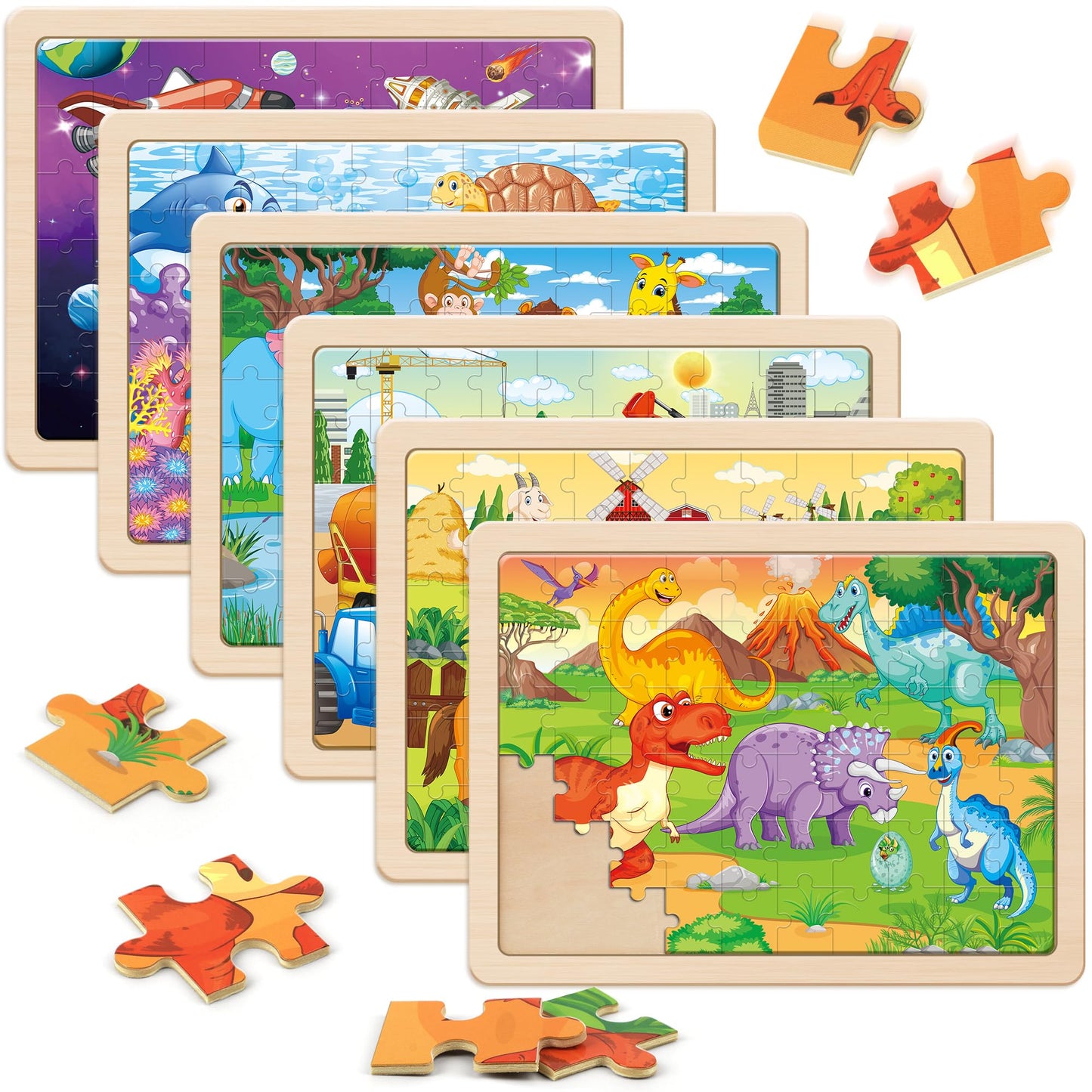 SYNARRY Wooden Jigsaw Puzzles for Kids 3 4 5 6 7 8 Year Olds, 6 Packs 60 Piece Children’s Jigsaw Puzzles Age 4-8 Boys Girls