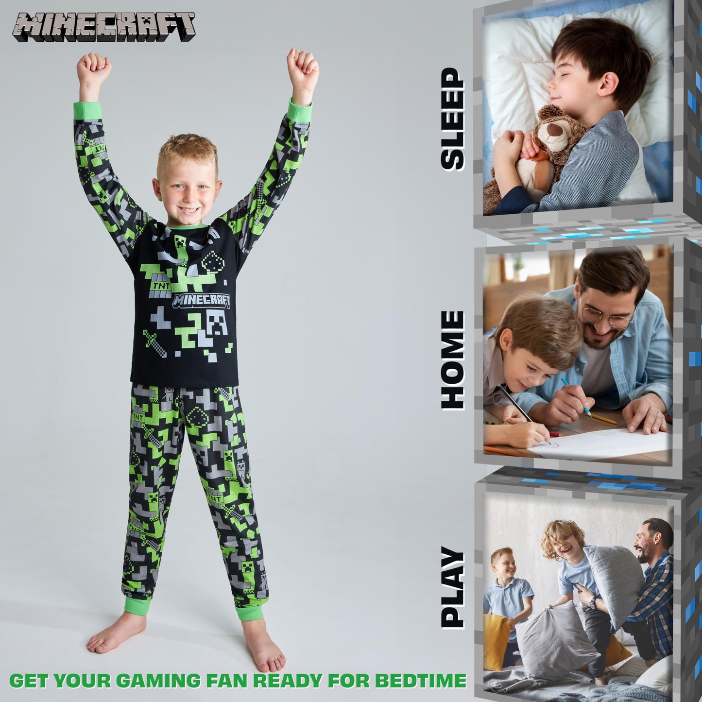 Minecraft Boys Pyjamas Set - Cotton Lounge Wear Long Top and Bottoms Teenagers Kids PJs 7-14 Years Gamer Gifts for Boys (Black/Green, 7-8 Years)