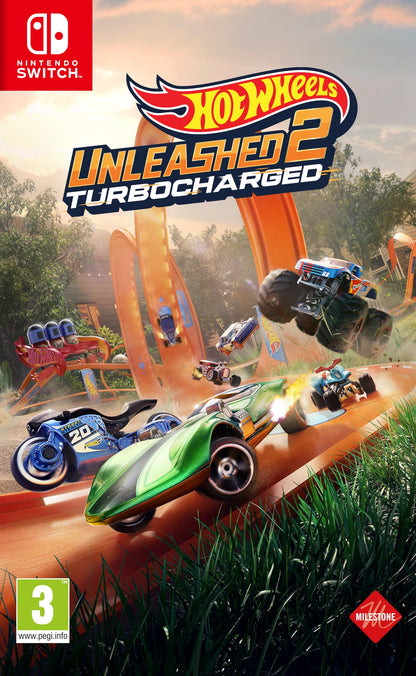 Hot Wheels Unleashed 2 Turbocharged Nintendo Switch game cartridge with colorful racing car artwork.